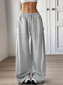 Flirla 2 paquetes de pantalones casuales anchos de cintura baja y de unicolor para mujer, versátiles, para primavera/verano 2025