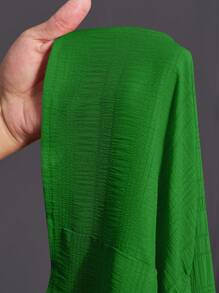 Slaydiva 2pcs Set: Casual Vacation Solid Peach Red Cap Sleeve Crop Top & Textured Flare Midi Skirt, Plus Size Women, Spring/Summer 2025,Holiday Outfits Boho - Green - View 7