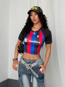 StreetHx Gestreept T-shirt met letterprint in atletische stijl voor dames