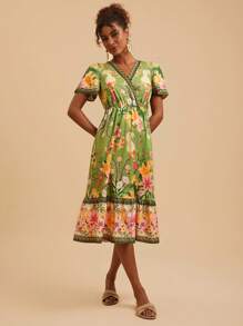 Travachic Váy dài vừa phải, tay ngắn, cổ chữ V, họa tiết hoa, thường ngày, trang phục mùa hè cho phụ nữ, mùa hè, trang phục nghỉ mát cho phụ nữ, váy mùa hè cho phụ nữ - màu xanh lá - Xem 7