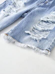 Pantalones cortos vaqueros ligeros azul claro lavados, versátiles y de moda minimalista, para niño casual con roturas - Lavado ligero - Ver 6