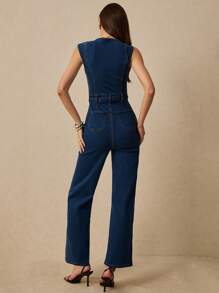 Poéselle 女式甜心领口拉链前腰系带牛仔连体裤，狂欢装扮，复活节女装，工作服女式牛仔连体裤，适合日常、街头、居家、度假等场合穿着，简约时尚，百搭，夏季必备 - 藍色 - 查看 4