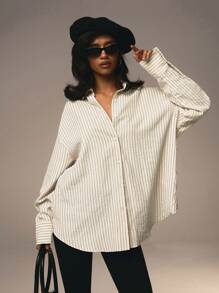 Athîral 女士前扣领长袖粉色条纹简约衬衫情人节 - 黃色 - 查看 4