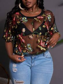 SHEIN CURVE+ 大码女式花卉刺绣时尚休闲宽松透明短袖衬衫，适合波西米亚风度假 - 彩色 - 查看 8