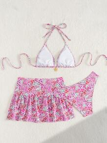 Swim Mod 3pcs Women Summer New Ditsy Floral Halter Triangle Top, Ruffle Hem Mini Skirt And Cute Swimwear Set - Multicolor - View 7
