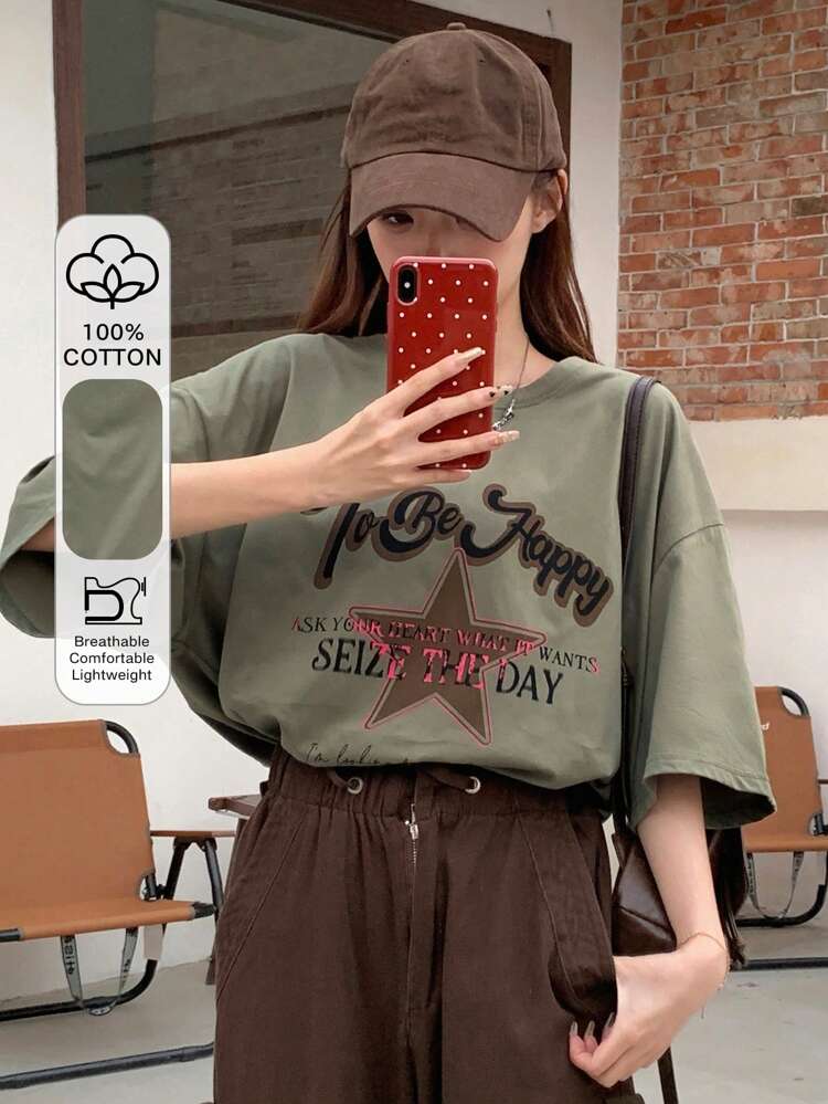 Women's Round Neck Letter Printed Short Sleeve T-Shirt Oversized T-Shirt,Back To School Clothes