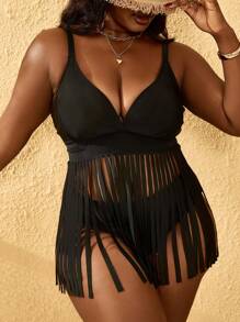SHEIN Slayr CURVE Plus Size Fringe Halter Tankini Top - Black - View 6