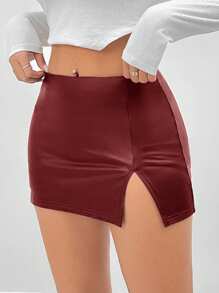 SHEIN PETITE Chân váy mini lưng thấp bằng da PU co giãn cao - Màu Đỏ Sâu - Xem 5