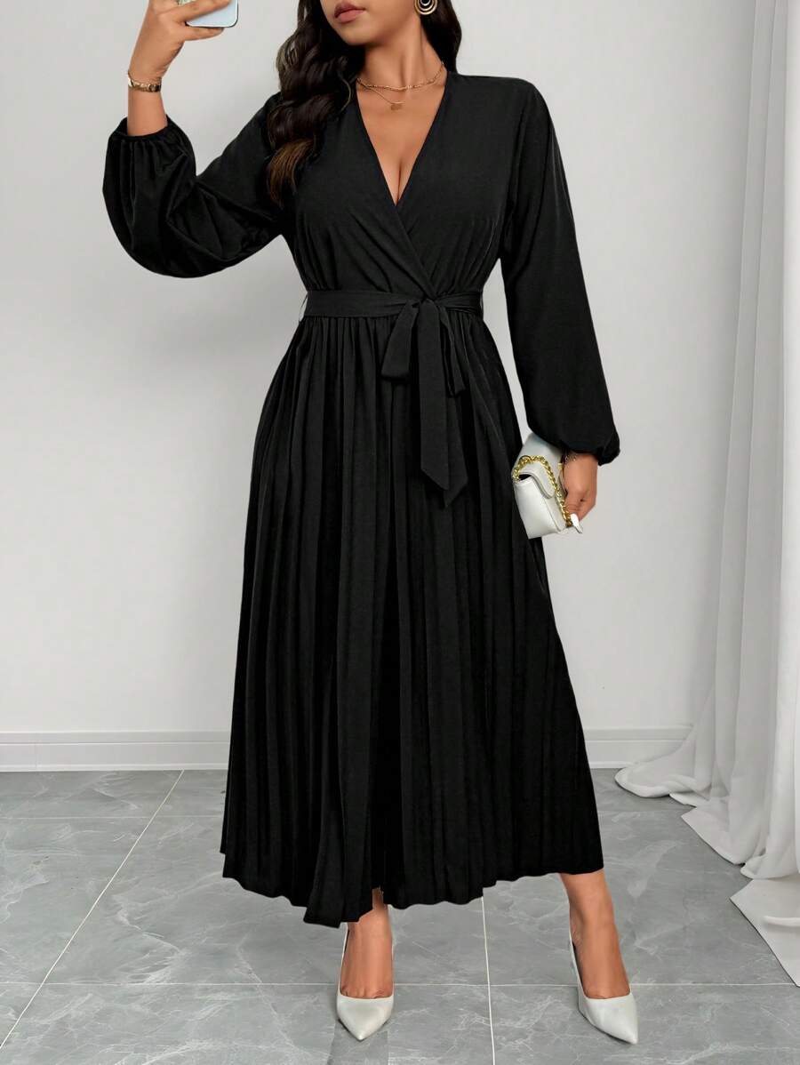 Elenzga Women's Elegant V-Neck Ruched Waist Long Sleeve Solid Color Plus Size Jumpsuit - Black - View 1