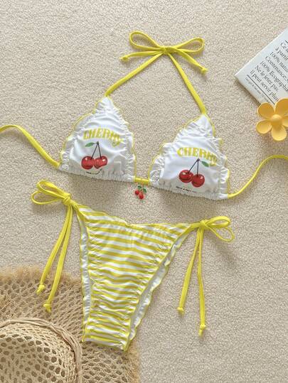 Swim Mod Spring Break Women Cherry Printed Halter Top & Yellow-White Striped Bikini Bottom Cute Sexy Swimwear For Summer Beach Vacation
