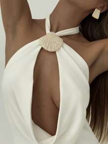 Aloruh Romantic Date, Summer Resort Hollow Shell Decor Backless H-Line Dress For Women,Wedding Guest Dress Women - White - View 1