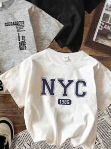 SHEIN 年轻男孩休闲简约字母图案圆领短袖T恤，适合夏季 - 彩色 - 查看 4