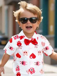 SHEIN Streecool Kids Áo sơ mi tay ngắn in họa tiết hoạt hình cho bé trai có nơ trang trí - trắng - Xem 7