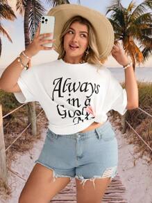 SHEIN VCAY Maglietta casual a maniche corte con scollo tondo, stampa floreale e scritta, adatta per vacanze in spiaggia, taglie comode - Bianco - Visualizzare 2