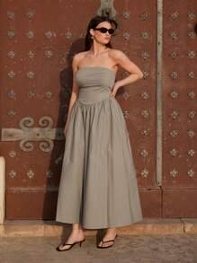 Maija Plus Women Summer Holiday Tube Top Dress - Khaki - View 1