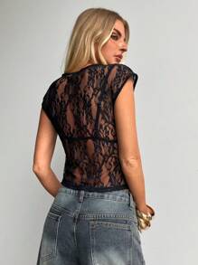 Aloruh 女士优雅圆领透明蕾丝短袖 T 恤 - 黑色 - 查看 3