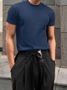 Men's Plain Cotton Crew Neck T-Shirt - Blue - View 4