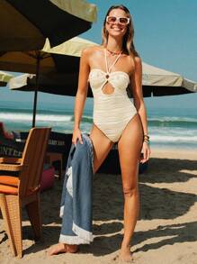 Swim Mod New Textured Wave Print Shell Rope Tie Halter One-Piece Swimsuit For Women, Beach Summer Outfits - Beige - View 2