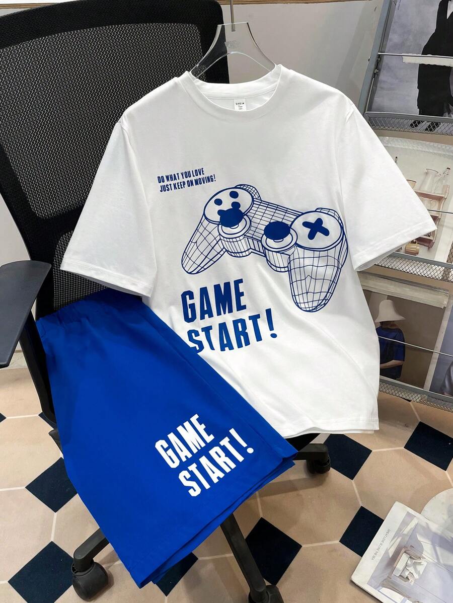 SHEIN 2pcs/Set Teen Boys Casual Gamer Graphic Print T-Shirt And Shorts Set, Summer, Cotton - White - View 1