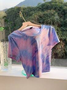 Comfortcana Women's Spring/Summer New Tie-Dye Round Neck Cropped Casual T-Shirt - Multicolor - View 5