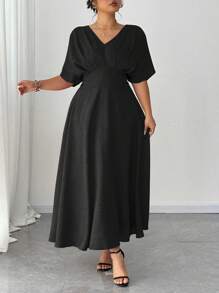 Elenzga 大码 V 领纯色短袖休闲连衣裙，简约时尚，适合日常穿着、情人节