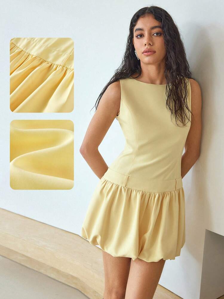 MOTF STUDIO SOLID SLEEVELESS PUFFBALL HEM DRESS