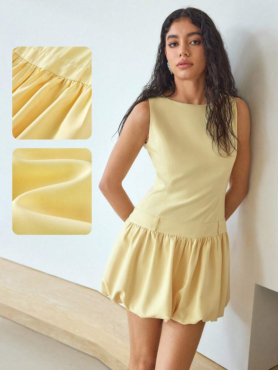 MOTF STUDIO 纯色无袖泡泡袖连衣裙 - 黃色 - 查看 1