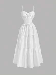 SHEIN MOD Twist Front Layered Ruffle Splice Cinched Waist Dress,  Rave,       Boho,Concert ,Tropical  , Elegant,Vacation ,Party,Flowy ,Ruffle ,Wedding Guest,Tea Party ,Modest Outfits Women Dress, Music Festival, Going Out - White - View 1