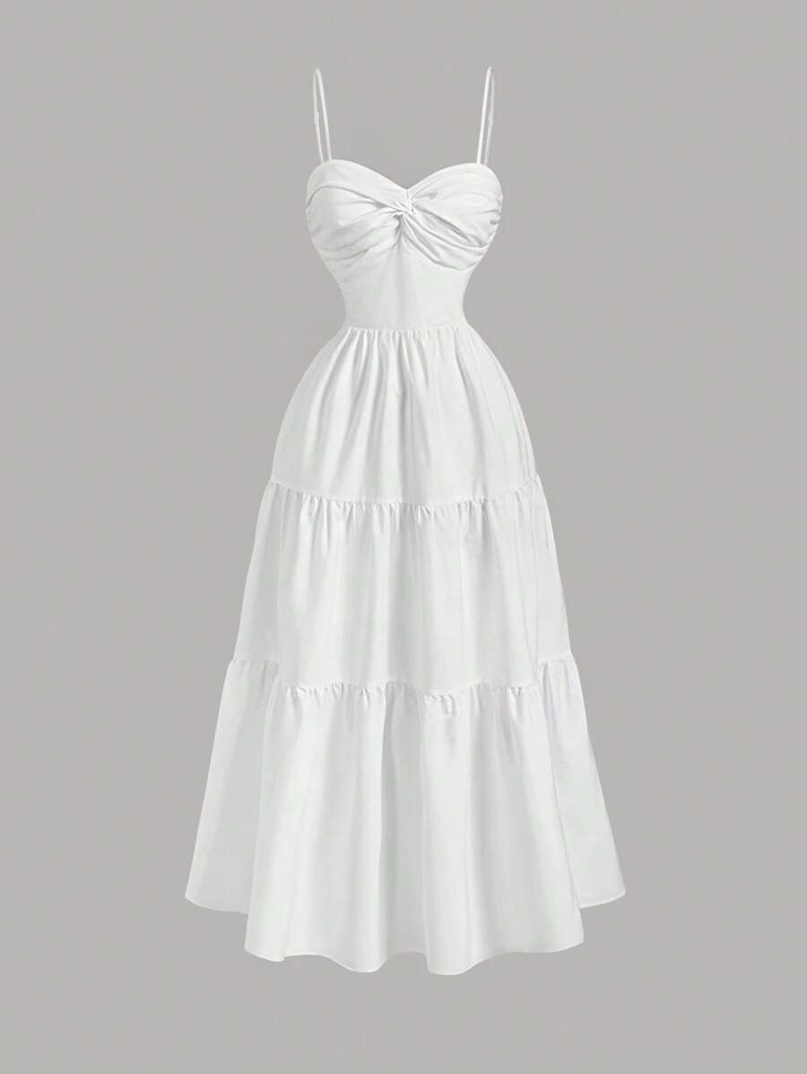 SHEIN MOD Twist Front Layered Ruffle Splice Cinched Waist Dress,  Rave,       Boho,Concert ,Tropical  , Elegant,Vacation ,Party,Flowy ,Ruffle ,Wedding Guest,Tea Party ,Modest Outfits Women Dress, Music Festival, Going Out - White - View 1