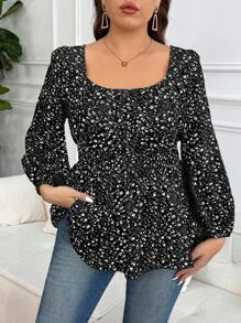 SHEIN Frenchy Plus Size Women's Ditsy Floral Apricot Color Blouse With Criss-Cross Back Design, Waisted A-Line Hem, Casual & Fashionable - Black - View 6