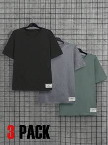 SHEIN Cottnline 100%Cotton Men 3pcs Pack Label Detailed Regular T-Shirt - Multicolor - View 1