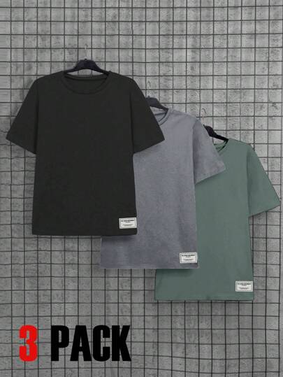 SHEIN Cottnline 100% bumbac Bărbați Pachet de 3 buc. Tricou obișnuit cu etichetă