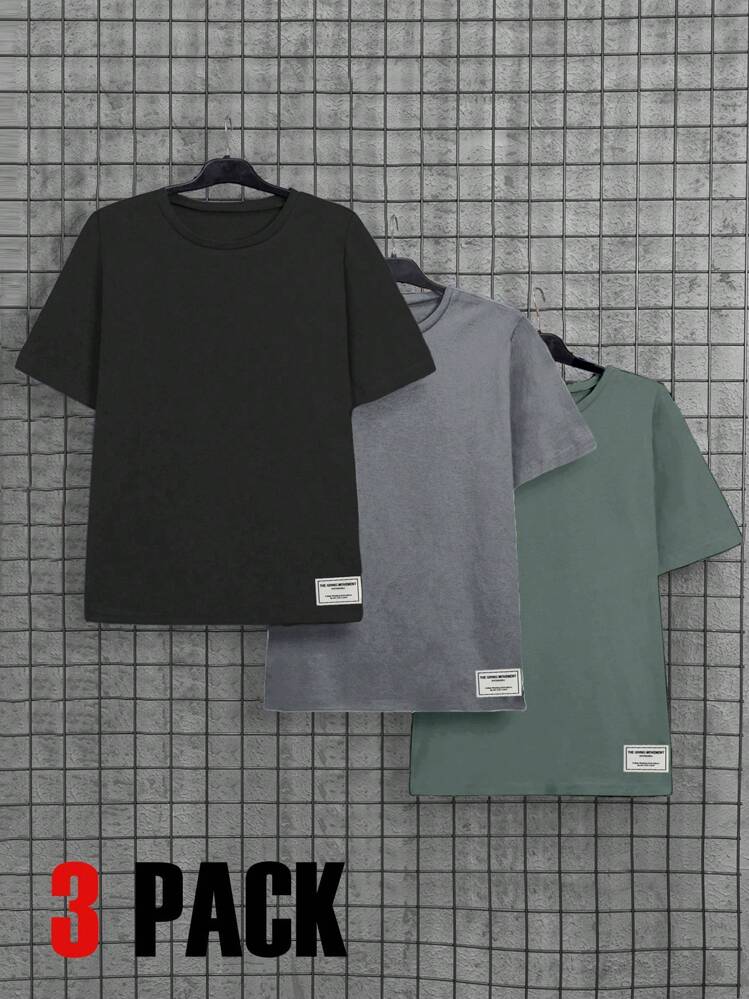 SHEIN Cottnline 100% 纯棉男式 3 件装标签详细常规 T 恤 - 彩色 - 查看 1