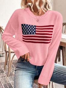 SHEIN LUNE Women's Casual American Flag Graphic Crew Neck Long Sleeve Sweater Knit Pullover Fall Winter - Pink - View 6