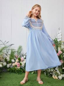 少女几何印花流苏边飘逸连衣裙 - 藍色 - 查看 5