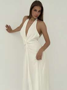 Aloruh Elegant Sexy Halter Neck Deep V Backless Ruched A-Line Wedding Guest Dress - White - View 7