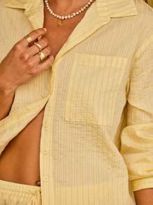 Aralina Spring Textured Striped Button Front Collared Long Sleeve Cover Up Beach Vacation Shirt Short Two Pieces Set - Yellow - View 4