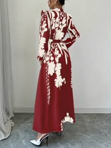 Elenzga Women Floral Print Waist Cinched Dress Maxi Women Outfit