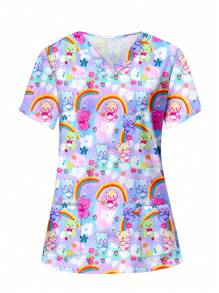 PopScrub Cute Cartoon Animal Pattern Women's V-Neck Short Sleeve Pocket Nurse Scrub Uniform Top, Scrubs Print V Neck Frosted Scrub Top, Casual Short Sleeve Work Wear, Women Sweetheart V-Neck Ruched Blouse, Women Short Sleeve V-Neck Nurse Scrub Uniform Shirt With 2 Pockets, Soft Stretchy Ruched Graphic Tee V-Neck Short Sleeve Blouse For Lady Wear Women's V-Neck Short Sleeve Double Pocket Cute Cartoon Animal Pink Heart Rabbit Print Simple Nurse Uniform Set/Doctor Work Uniform Set/ Examination & Surgery Uniform Set/Solid Color Pet Grooming Work Uniform Set/Nutritionist Work Uniform Short Sleeve Set/Functional Multi-Pocket Lab Work Uniform Top - Multicolor - View 3