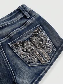 ROMWE Avant Vintage Millennium Punk Stil gestickte Pistole Grafik kurze sexy Denim Shorts in Große Größen