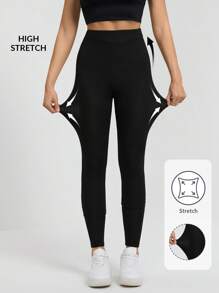 SHEIN Tall Solid Color Casual Sports Knitted Tight-Fitting High-Elastic Wide Ribbed Textured Leggings For Women - Black - View 1