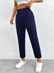 SHEIN PETITE Pantaloni a vita elastica a vita alta e gamba corta, di colore unito, minimalista e di stile