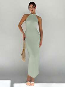 Aloruh Simple Fashionable Backless Summer Dress - Green - View 4