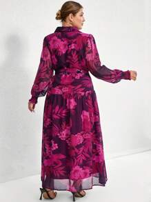 Aveloria Modichic Plus Size Elegante Vakantie Stijl Bloemenprint Lange Mouw Revers Kraag Paars Rode Chiffon Jurk Met Riem