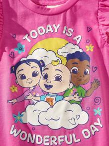 CoComelon X SHEIN Baby Girl Cartoon Graphic Cloud Print Cap Sleeve Round Neck Pink T-Shirt - Hot Pink - View 6