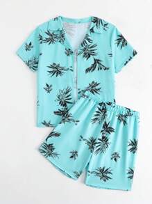 Conjunto de 2 piezas de ropa de playa con estampado tropical para niño preadolescente - Verde - Ver 3