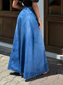 Cottnline WOMEN DENIM SKIRT STICH DETAIL MAXI SKIRT - Medium Wash - View 2