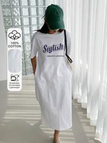 DAZY Slogan Graphic Drop Shoulder Tee Dress Sundress,Casual Women Dresses - White - View 1