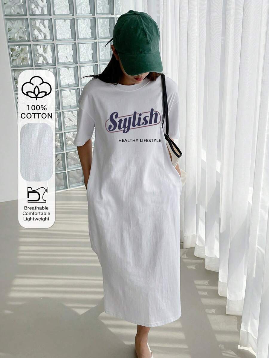 DAZY Slogan Graphic Drop Shoulder Tee Dress Sundress,Casual Women Dresses - White - View 1