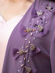 Layrah Handmade Spinach Root Color Flower Beaded Robe Abayas - Red Violet - View 4